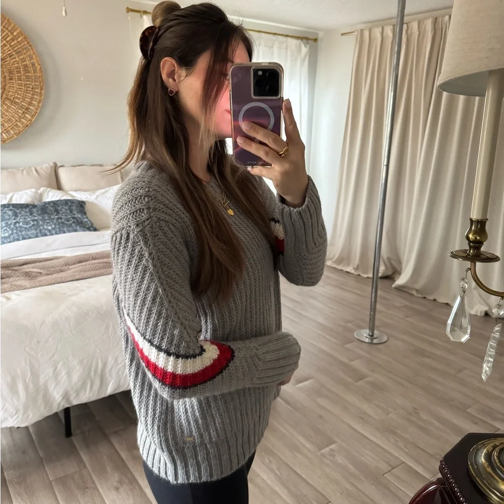 Tommy Hilfiger Gray Sweater with Red and White Stripes